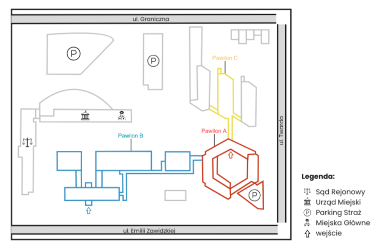 Plan szkoły z oznaczeniem pawilonów A, B i C oraz wejścia i parkingów